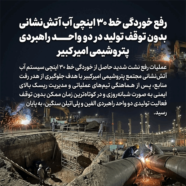 رفع خوردگی خط ۳۰ اینچی آب آتش‌نشانی بدون توقف تولید در دو واحد راهبردی پتروشیمی امیرکبیر